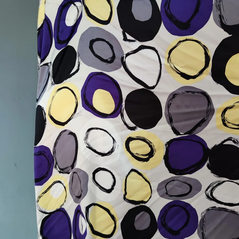 

Pure charmeuse silk satin silk stretch mulberry silk for nightgown robe different kind of circles purple yellow black pattern