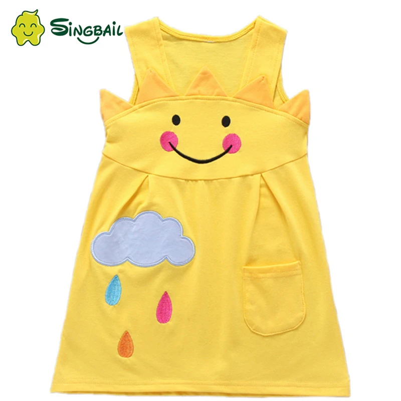 SINGBAIL Toddler Baby Girls Smile Emoticon Weather Rain Day Print Sleeveless Cartoon Sun Cloud Pocket 3D Dress Clothes New | Детская