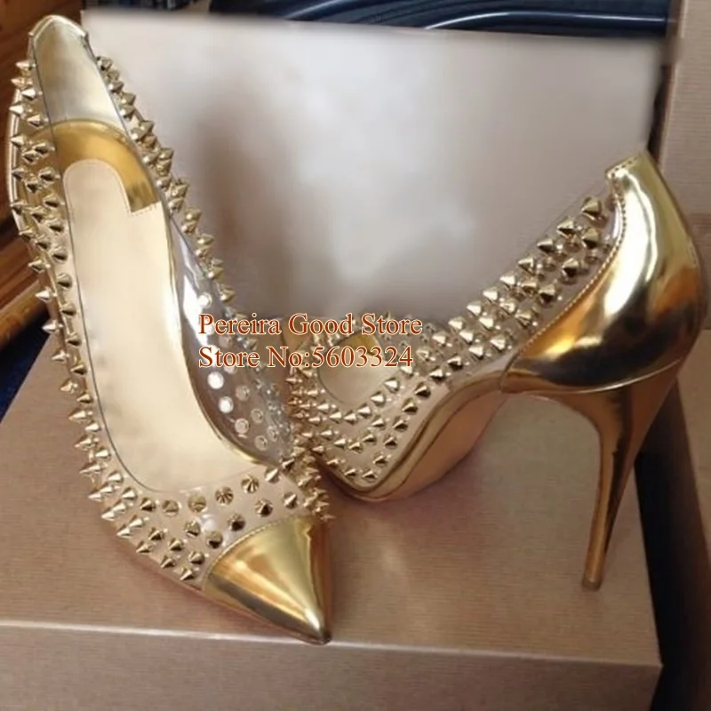 Роскошные туфли лодочки с острым носком и заклепками на высоком каблуке Кожаные