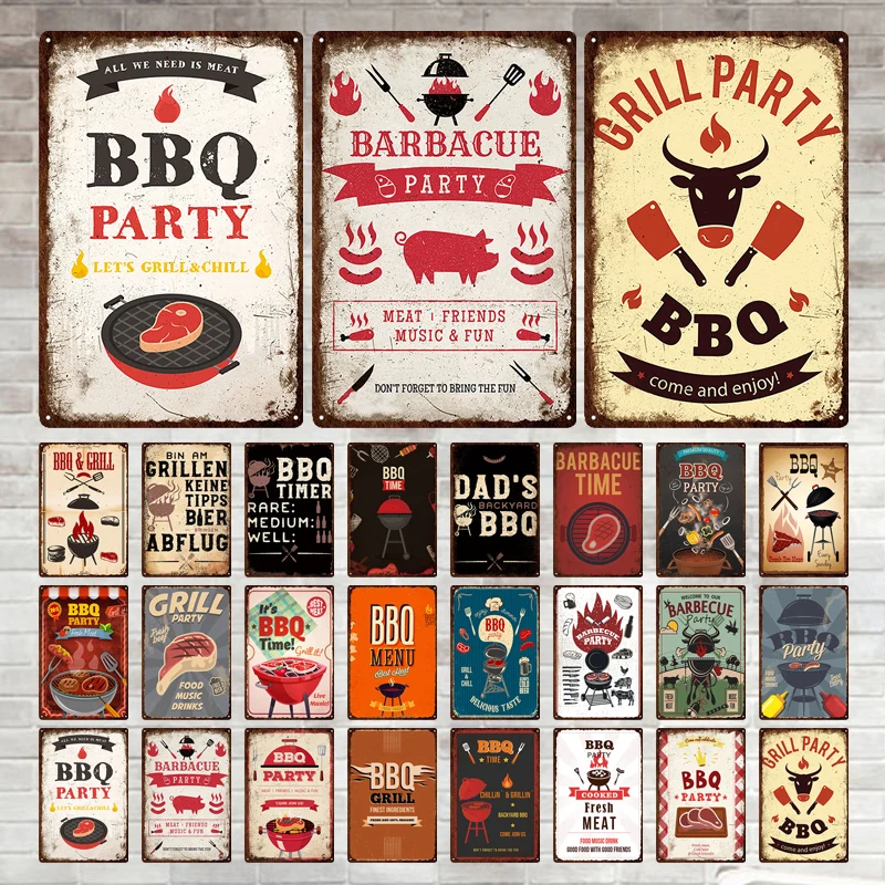

Bbq Poster Vintage Tin Sign Retro Metal Sign Decorative Plaque Wall Decor Kitchen Terrace Beach House Club Decoration Art Plate