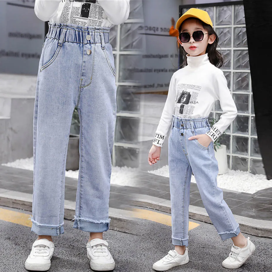 Джинсы для девочек однотонные джинсы повседневные стильные детские подростков
