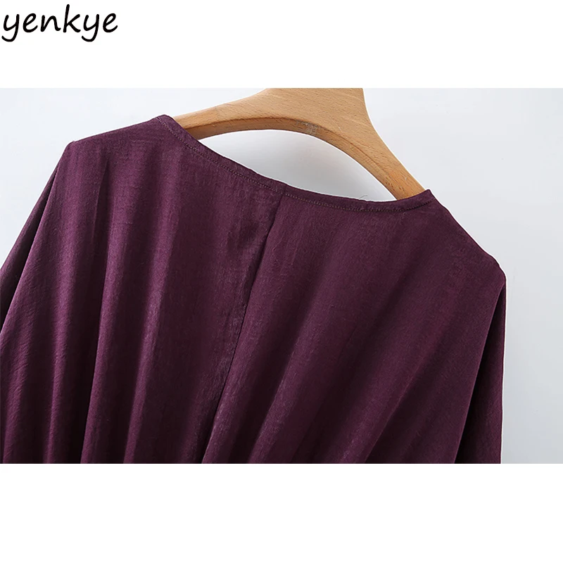 

Spring Autumn Fashion Women Vintage Solid Color Satin Sexy V Neck Long Sleeve Elastic Waist A-line Dress Casual Vestido