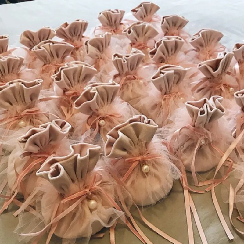 Креативные бархатные подарочные пакеты для конфет с жемчугом 6 шт. шоколадная