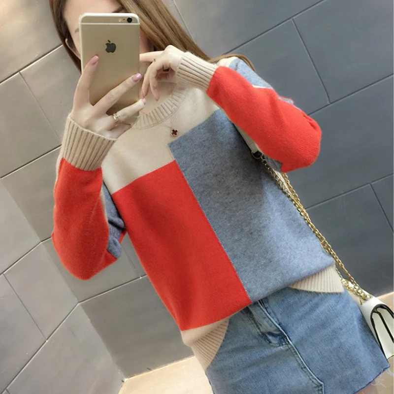 

2021 Spring and Autumn New Knitted Bottoming Shirt Shirt Color Matching Loose Large Size Long-sleeved Sweater Women