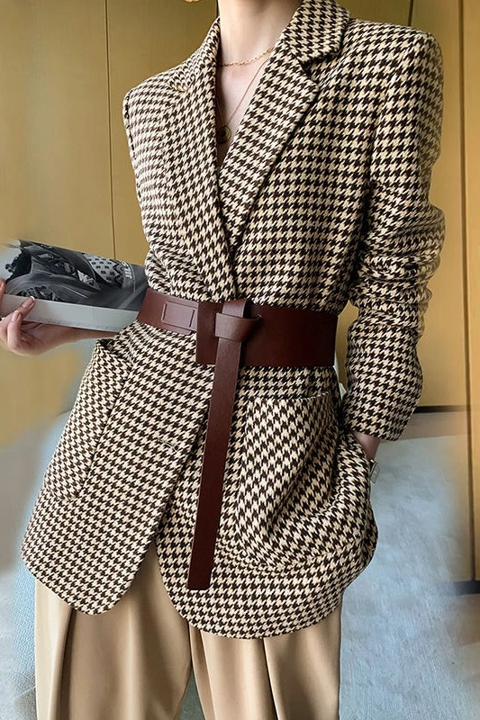 

2021 Spring Korean Woolen Blazer Women's Loose Plaid Long Sleeve Casual Suit Coat Female Suit Collar Slimming Belt Blazers