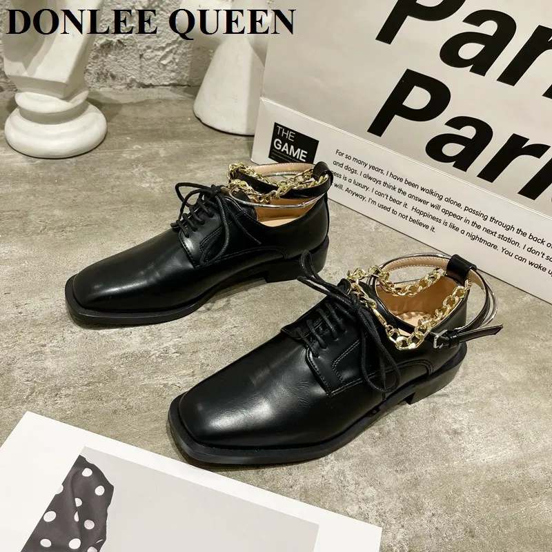 

2021 Spring Fashion Metal Ring Chain Ankle Buckle Strap Casual Loafers Shoes Women Square Toe Flat Vintage British Zapatos Mujer