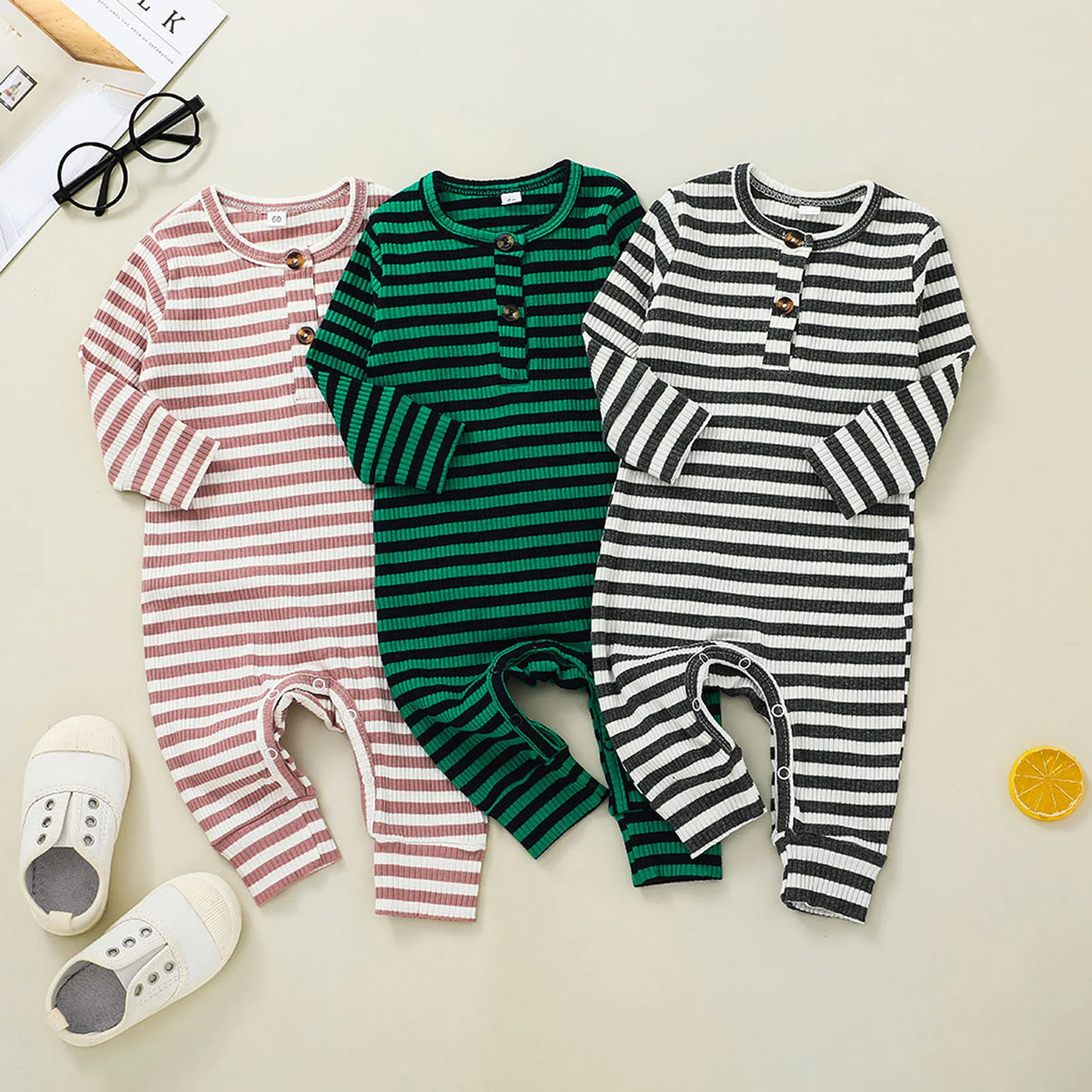 

Infant Baby Girls Boys Romper Long Sleeve Button Stripes Print Loose Fall Jumpsuit Fall Clothes