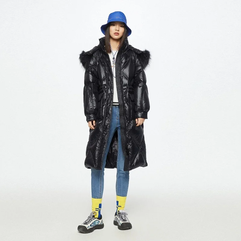 

Women Down Coat Black Hooded Fur Collar Female Long Winter Big Size Women’s Down Jacket 2021 Oversize XS-L