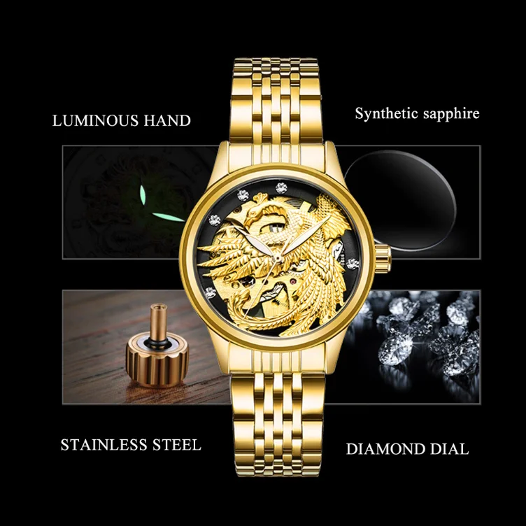 Роскошные автоматические механические часы Tevise Golden Phoenix Design для мужчин и женщин