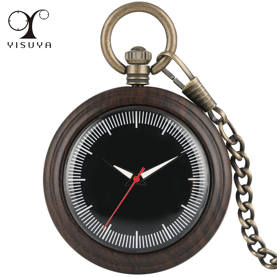 

New Vintage Wooden Pendant Quartz Pocket Watch Red Seconds Luminous Hands Dial Simple Wood Pocket Timepiece Gifts Men Women