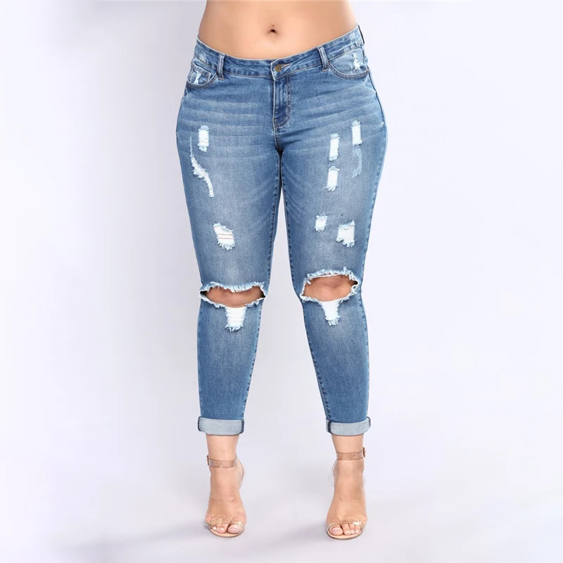 Лидер продаж модные женские джинсы новые средней талии с дырками длинные узкие