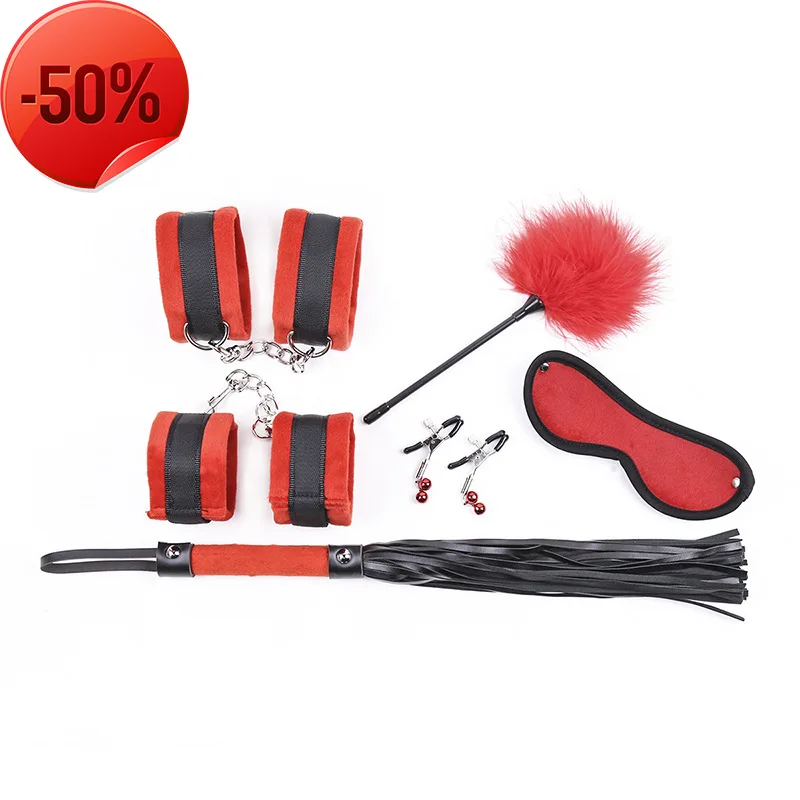 

Fun products black red milk clip feather leather whip handcuffs shackles collar combination 6-Piece set of binding toys