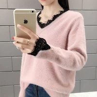 pink white womens sweater fashion v neck lace sweater new autumn fall imitation mink velvet pullovers knitting jumper femme tops