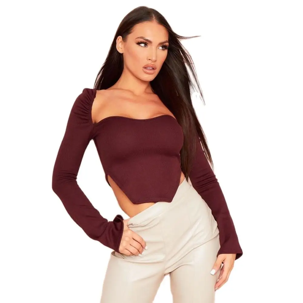 

New Autumn Sexy Stylish Side Split T shirt Sqaure Collar Full Sleeves Threaded Top Pullover Sexy Slim T-shirt Female Tops Tees