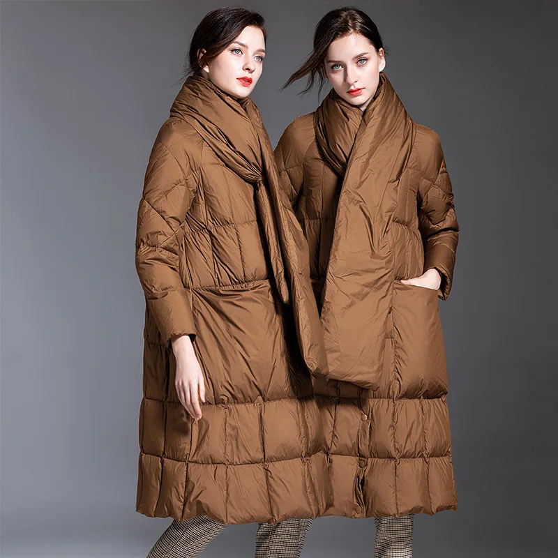 Женский пуховик оверсайз длинная парка на белом утином пуху зимняя куртка 2019 |
