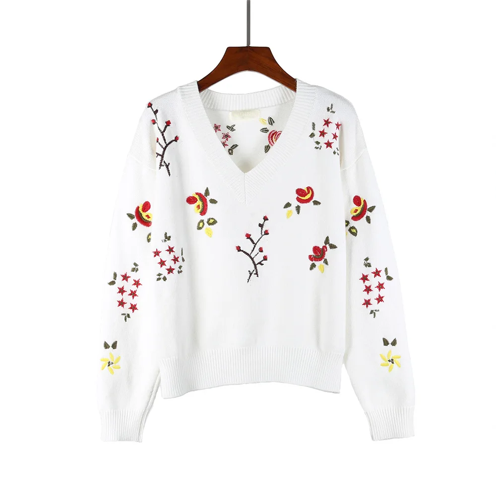 Женский вязаный свитер в стиле ретро свободный с длинным рукавом и v-образным