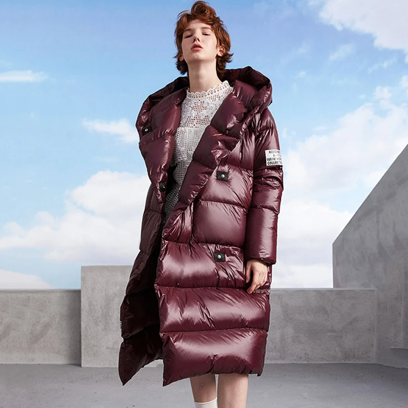 Женский однобортный пуховик MissFoFo длинная уличная куртка с капюшоном верхняя