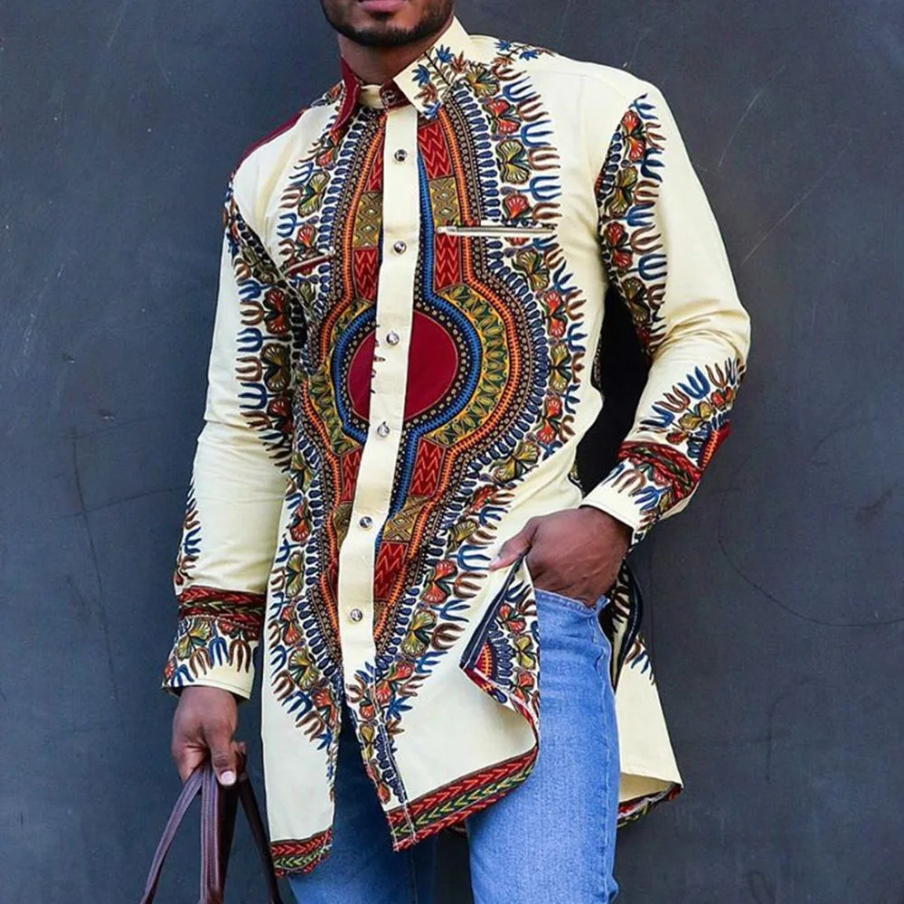 

Autumn Winter Muslim Men Mid-length Shirt Long-sleeved Floral Printing Multi-color Slim Casual Blouse Lengthened Tops
