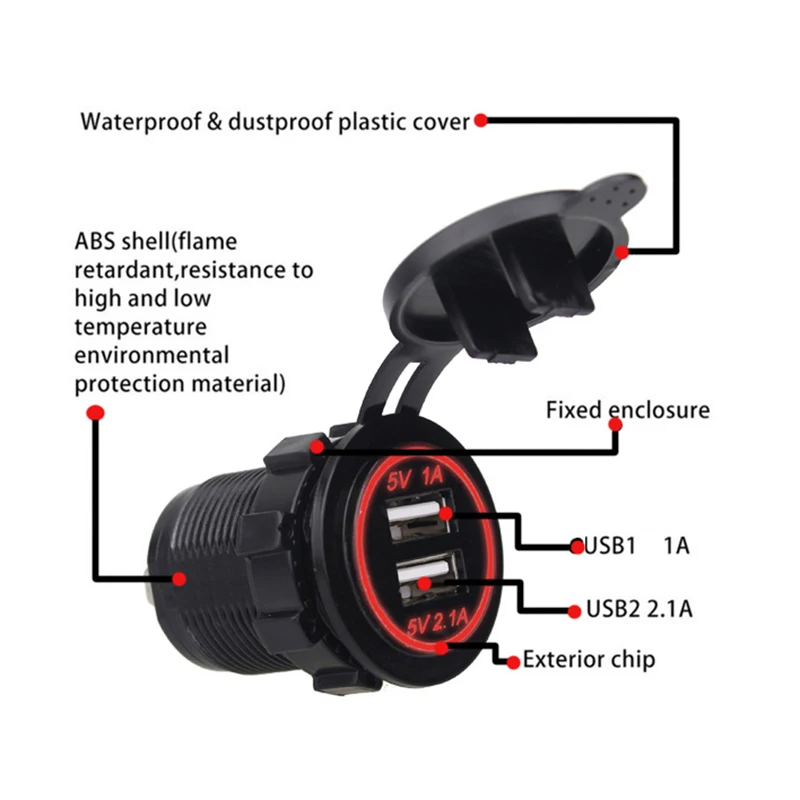 12V-24V USB Outlet Waterproof Dual Car Charger Cigarette Lighter Socket Power Adapter 5V 3.1A for Marine Boat D5 | Автомобили и