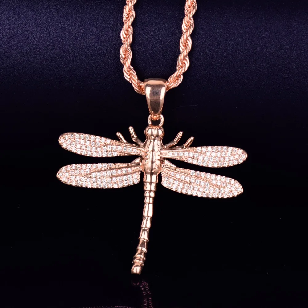 Животные стрекоза ожерелье и кулон Iced Out теннисная Цепочка Золото Серебро AAA кубический циркон мужские и женские хип хоп рок ювелирные изделия