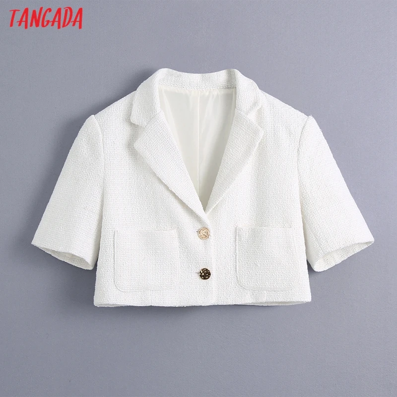 

Женский твидовый укороченный пиджак Tangada, белый винтажный пиджак с металлическими пуговицами и карманами, верхняя одежда с коротким рукаво...