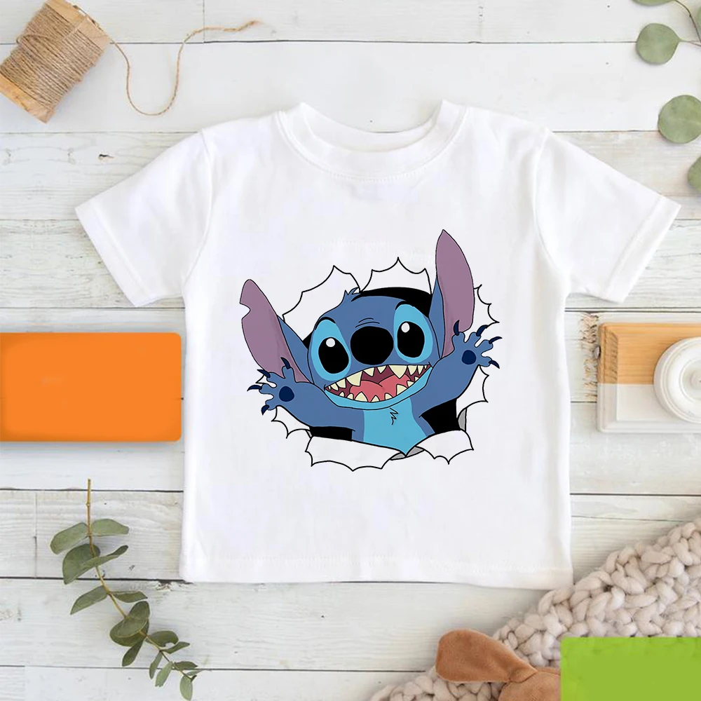 

Летние новые белые футболки, Прямая поставка, детские футболки с милым рисунком Лило и Ститч, модные уличные Топы в стиле Харадзюку