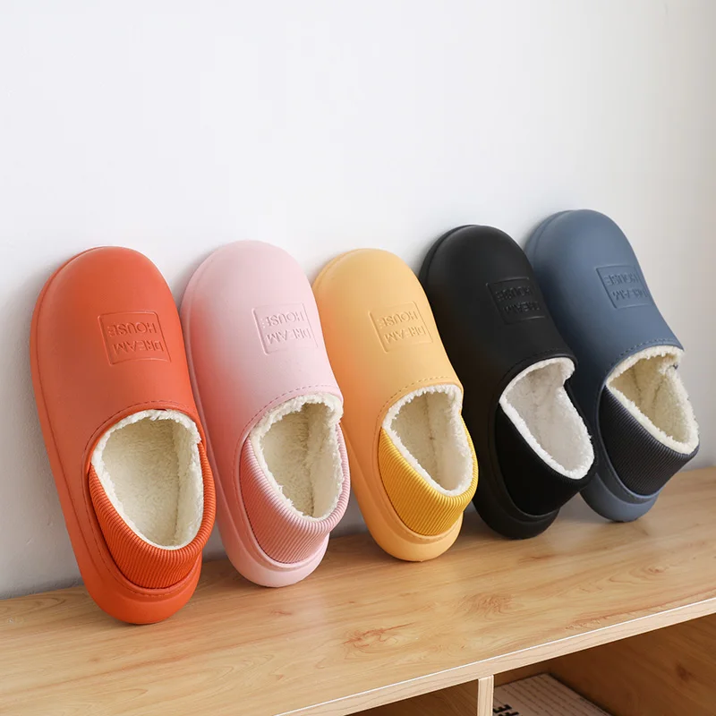 

2021 Waterproof Non-Slip Home Slippers Women EVA Slippers Men Winter Warm Indoor Cotton Shoes Soft Couples Shoes Thick Bottom
