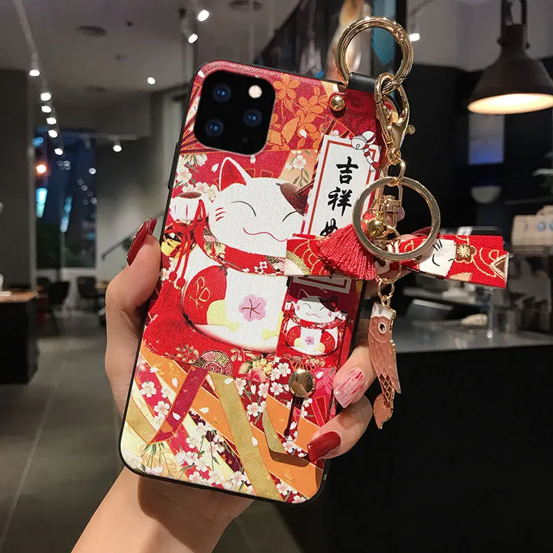 

Lucky Cat Wrist Strap TPU Mobile Phone Case For Huawei P30 P40 Protective Cover For nova3 4 5 honor20pro Silicone Cases Shell