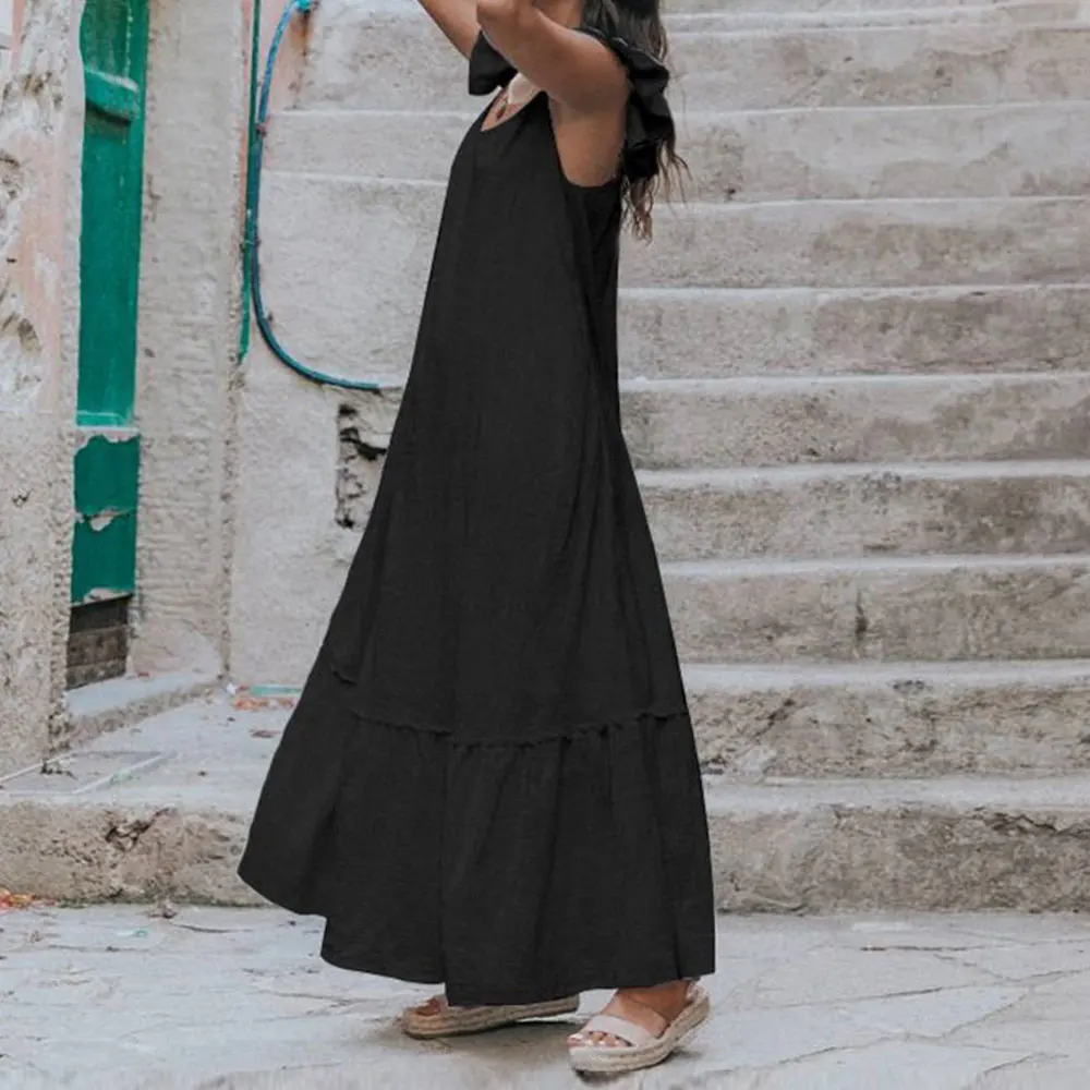 

Gentillove Sexy Loose Long Dress Vintage Harajuku Beach Sundress Women Elegant Sleeveless Ruffles Maxi Dress Plus Size 5XL