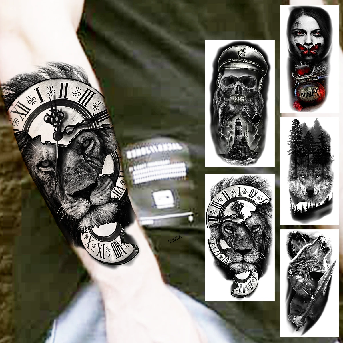 

Compass Lion Temporary Tattoos For Women Men Realistic Pirate Captain Vampire Wolf Fake Tattoo Sticker Forearm Tatoos Waterproof
