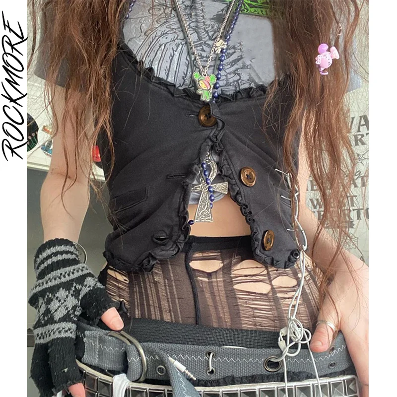 Rockmore Y2K giacca con volant gilet donna Solid Crop canotte gilet gotico bottone corsetto Chic Steampunk Vintage Grunge Fairycore