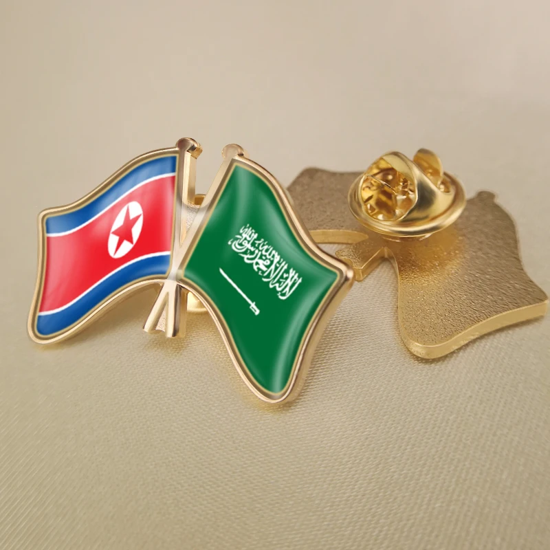 

North Korea and Saudi Arabia Crossed Double Friendship Flags Lapel Pins Brooch Badges