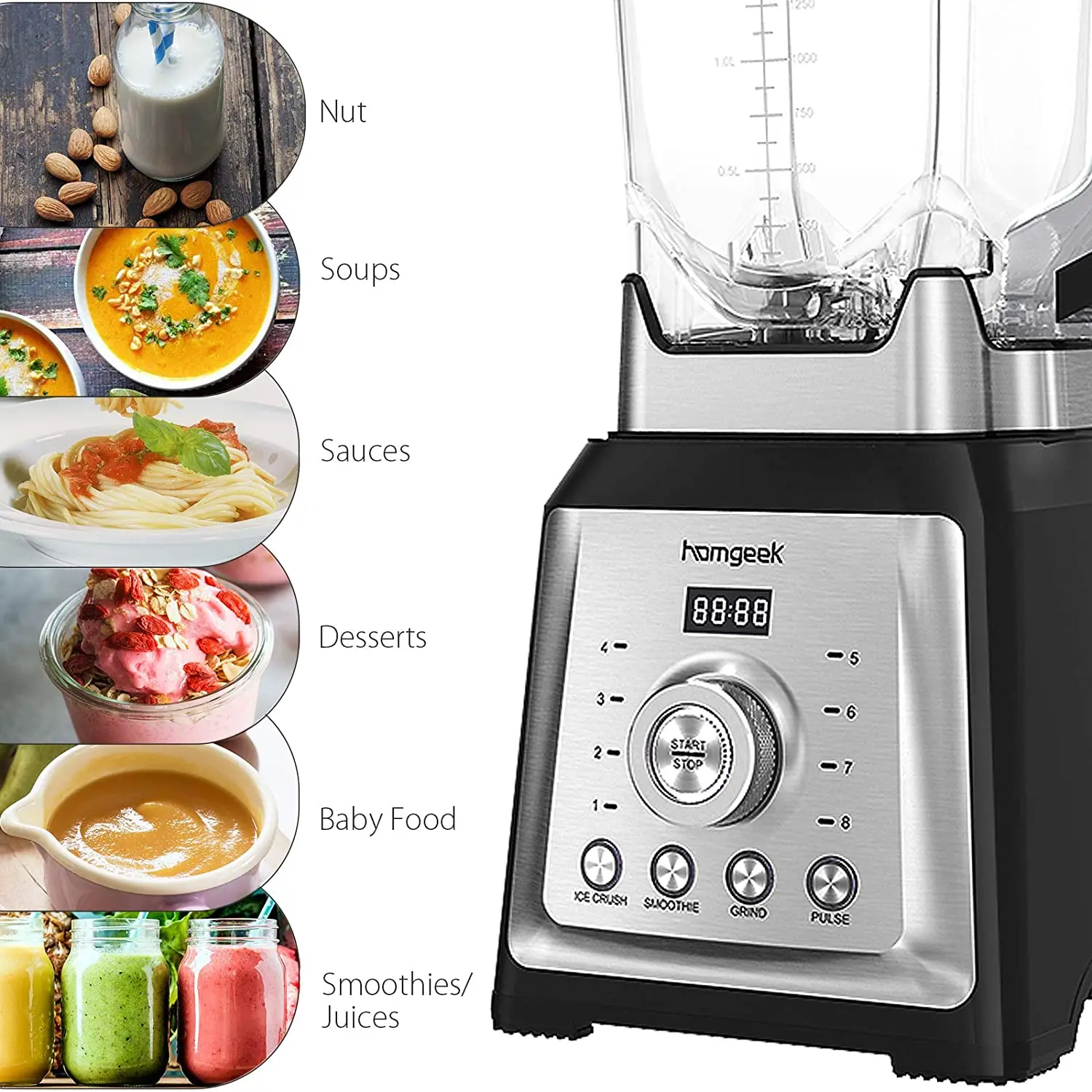 

2000W Homgeek Blender 8 adjustable speed & 4 preset programs Smoothie Blenders anti-slip professional Jar Food Blender Mixer 2L