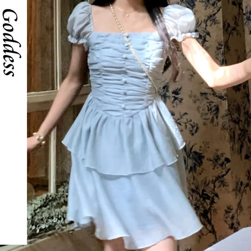 

2021 Floral Design Vintage Sexy Summer Dress Short Sleeve Sweet Elegant Dress Women Korean Fashion Evening Party Dress Females