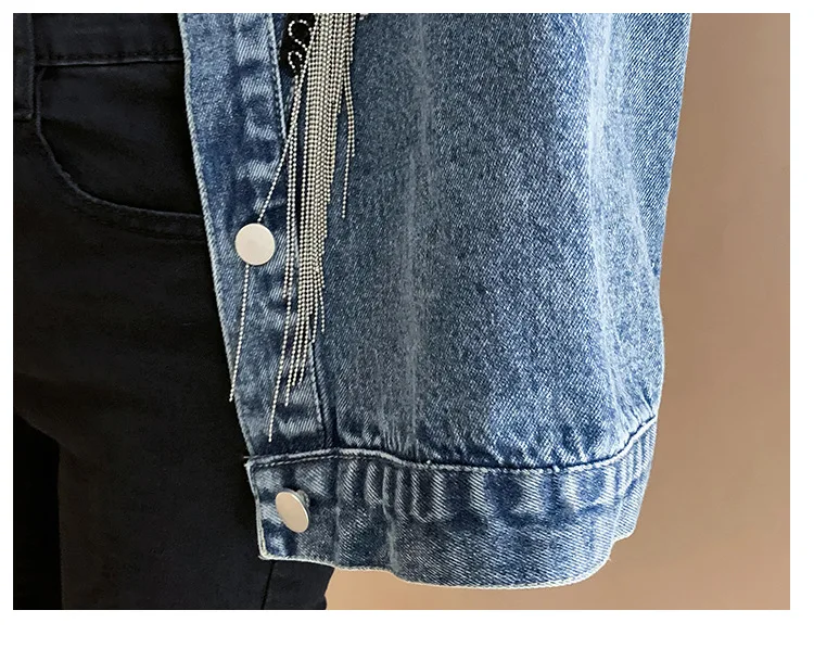 Chaquetas Mujer, осень, уличная одежда, джинсовая куртка для женщин, ручная работа, заклепки, кисточка, цепь, короткая джинсовая куртка, свободные черные пальто