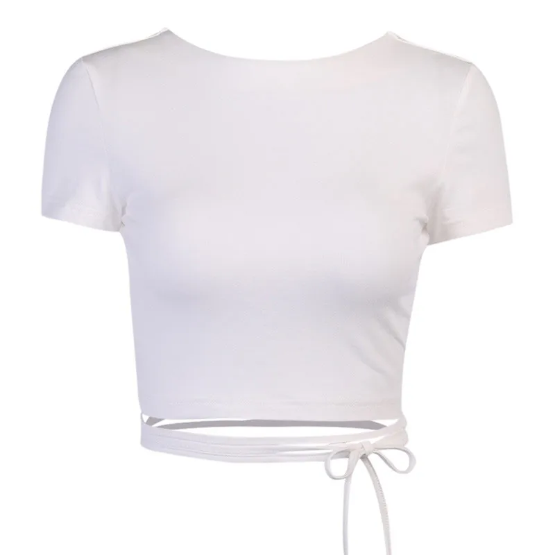 

Sexy Backless Tee Tops Women ladies Short sleeve Bandage Tie up Solid Basic Pullover O Neck T Shirts Club Streetwear Crop top