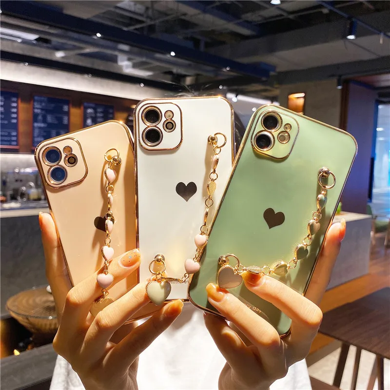 

Electroplated Pearl Hand Catenary Hang rope Phone Case For iPhone 12 11 Pro Max 12mini XR X XS Max 7 8 Plus SE2 love heart Cover