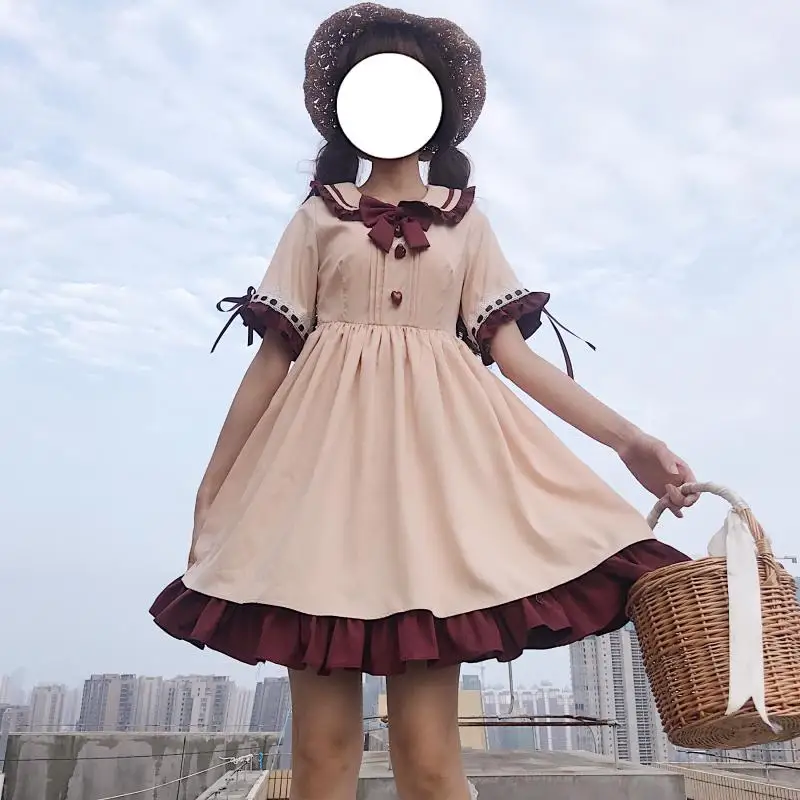 Японская летняя Для женщин Sweet Lolita короткий рукав платье милый костюм воротник
