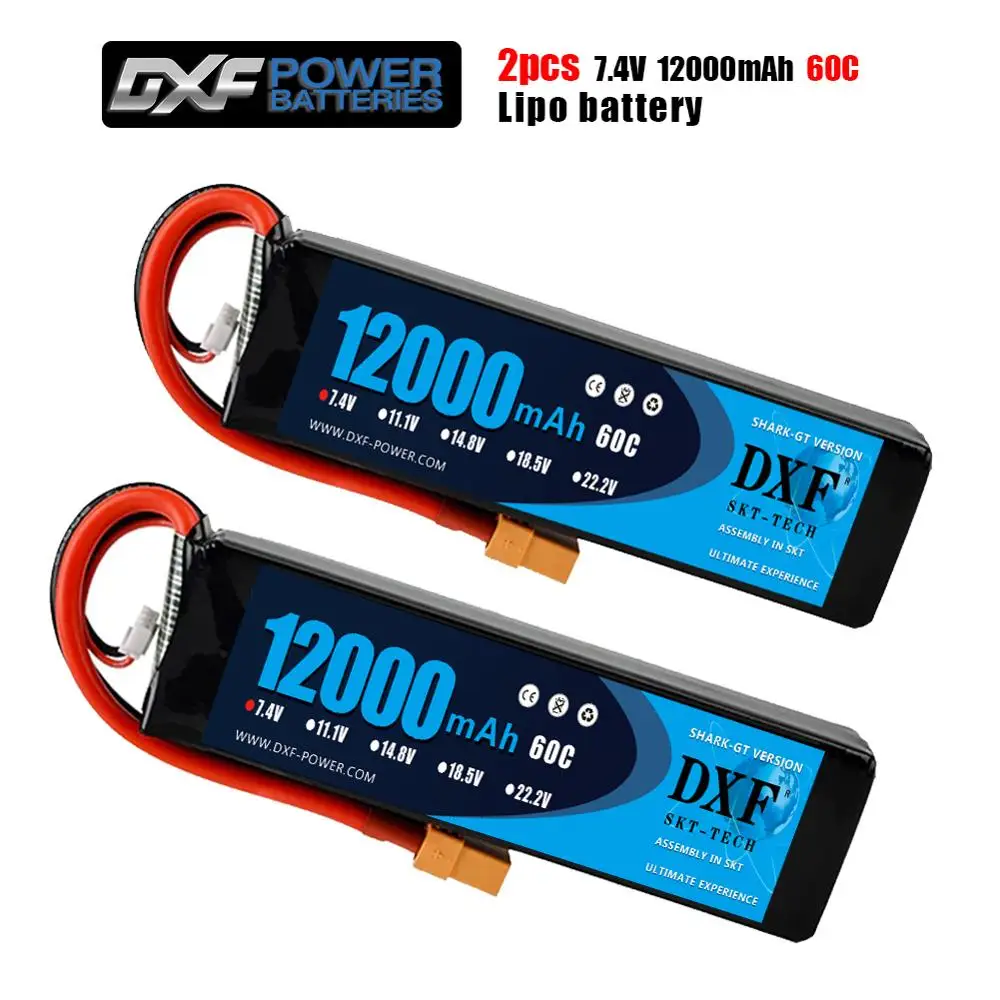 

Аккумулятор DXF 2S 7,4 В 12000 мАч 60C Max 120C Lipo, Ру детали с Т-образной вилкой, удобные для TRXX 1/10, автомобильного дрона, вертолета, лодки, FPV, 2 шт.