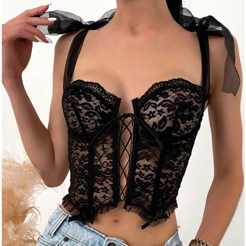 Сексуальные летние кружевные майки с цветочным принтом на завязках женская