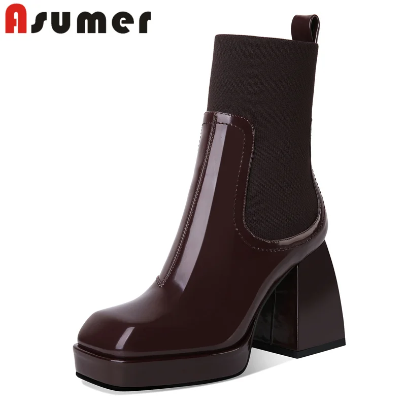 

Asumer Plus Size 34-43 Patent Genuine Leather Boots Women Thick High Heels Chelsea Boots Female Street Party Shoes Ankle Botas