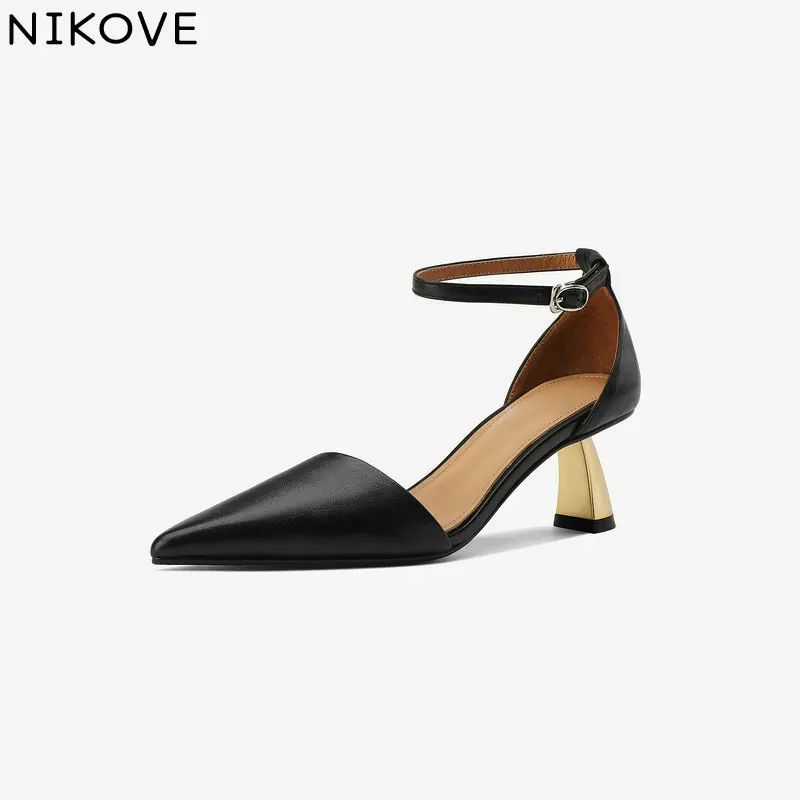 

NIKOVE 2020 Pointed Toe Summer Women Pumps Shoes Leather+PU Ankle Strap Square Med Heel Solid Casual Fashion Shoes Size 34-40