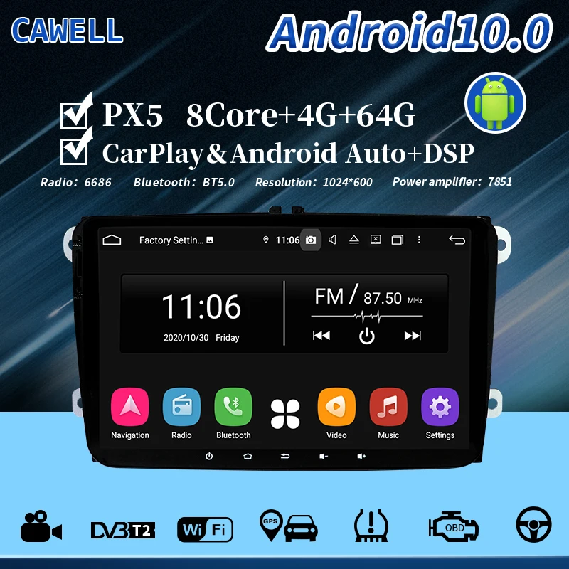 Автомобильный DVD-плеер Cawell Android 10 Wi-Fi Bluetooth TPMS PX5 головное устройство ОЗУ 4 Гб ПЗУ 64