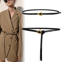 women belts luxury brand golden classic retro triangle buckle thin pu leather waist strap casual black ladies female waistband