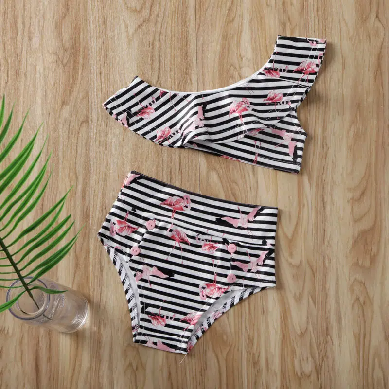 0-4T Toddler Baby Girls Kid Stripe One Shoulder Tops + Shorts Swimsuit Swimwear Flamingo Swimming Outfit | Мать и ребенок