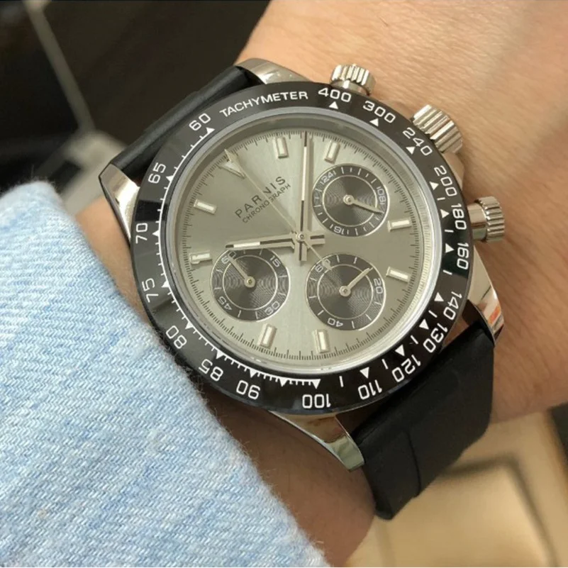 

Quartz Chronograph Watches Men Parnis 39mm Gray Dial Sapphire Crystal Stainless Steel Ceramic Bezel Luminous Men's Wrist Watch