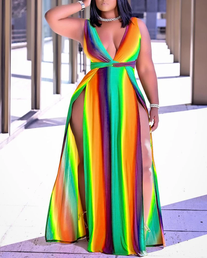 Женское длинное пляжное платье повседневное Радужное с высоким разрезом