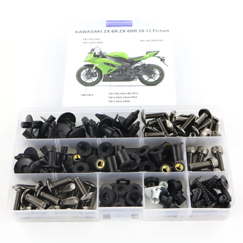 Подходит для Kawasaki ZX6R ZX-6R ZX6RR ZX-6RR 2009 2010 2011 2012, полный комплект болтов для мотоцикла, зажимы для обтекателя, винты из стали