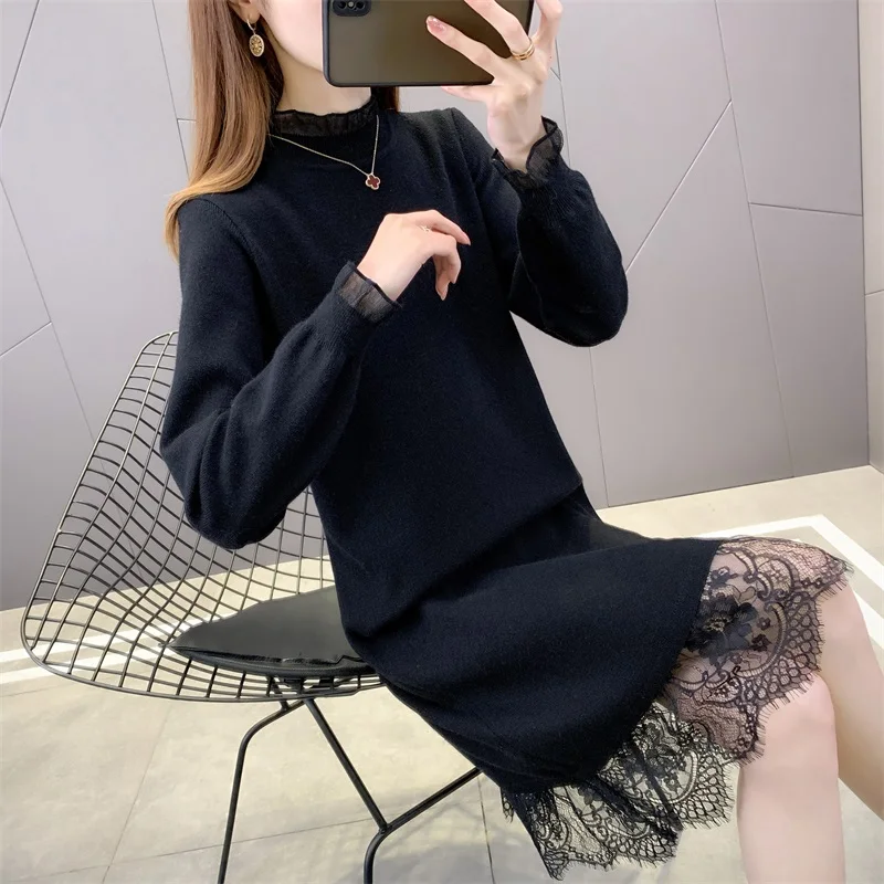 

HanOrange женский свитер 2021 зимнее вязаное платье длиной выше колена длинное платье с кружевной каймой