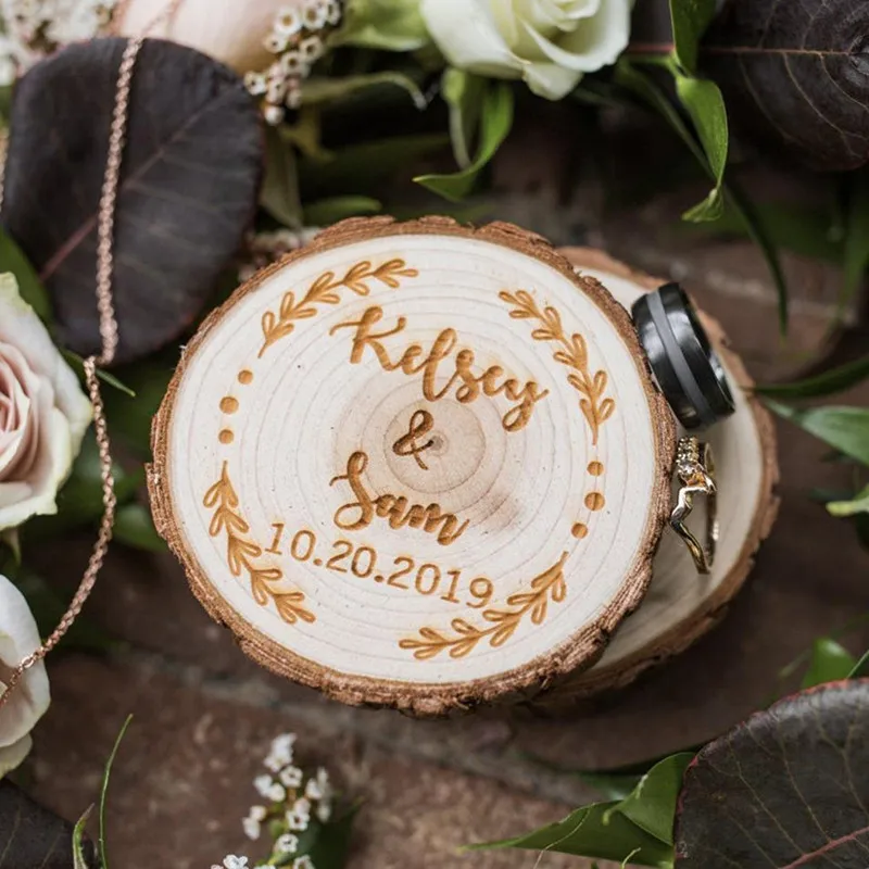 

Engraved name wood wedding ring box Custom rustic Botanical round Ring Holder Ring Pillow Engagement Ring Bearer Box Jewelry Box